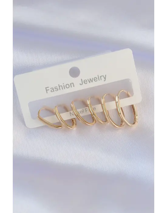  Altın İnce Oval Küpe Seti