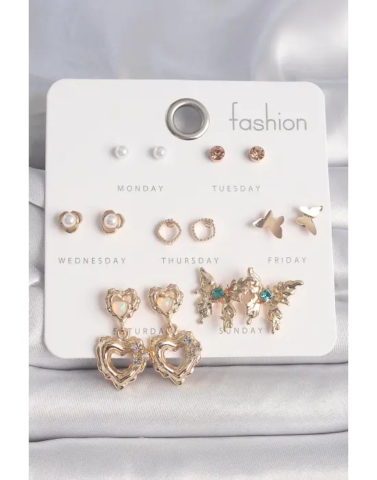  Altın İnci Detay Sallantı Kalp Mavi Taş Detaylı Kelebek Figür 7 Çift Çelik Küpe Seti