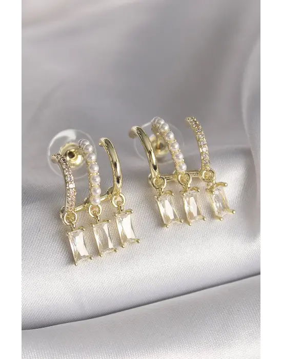  Altın İnci Detay Sallantı Zirkon Taşlı Çelik Küpe