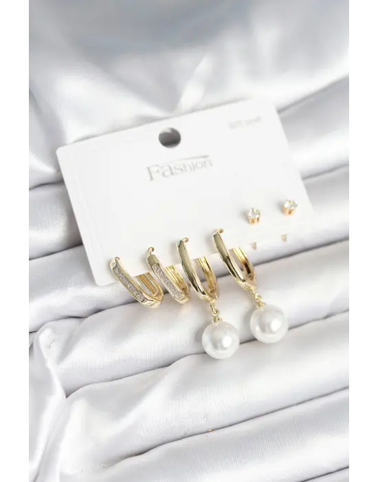 Pirinç Gold Renk İnci Detaylı 925 Ayar Gümüş Çivili Kadın Küpe Seti