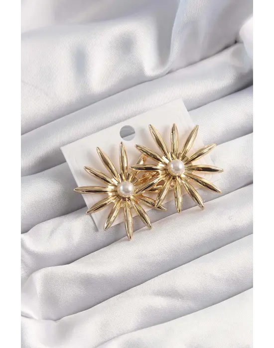  Altın İnci Taşlı Çiçek Küpe