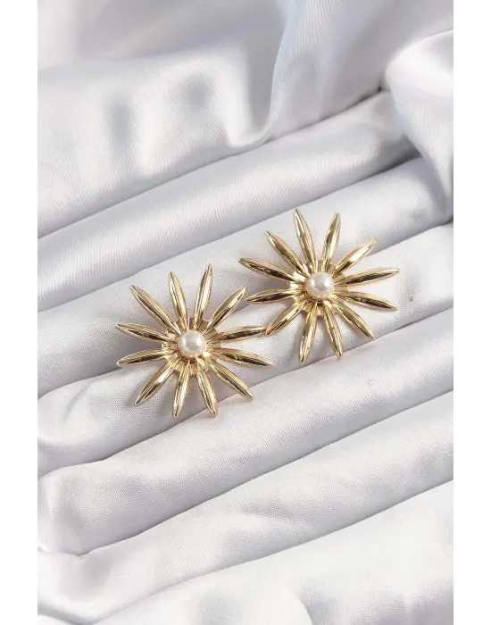  Altın İnci Taşlı Çiçek Küpe