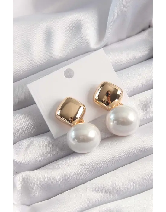  Altın İnci Taşlı Kare Küpe