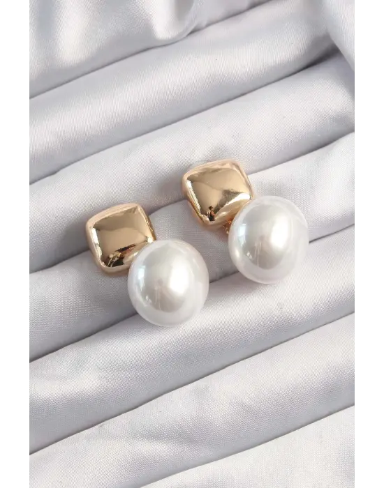  Altın İnci Taşlı Kare Küpe