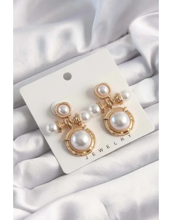  Altın İnci Taşlı Motifli Küpe