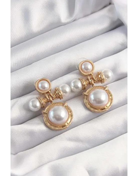  Altın İnci Taşlı Motifli Küpe