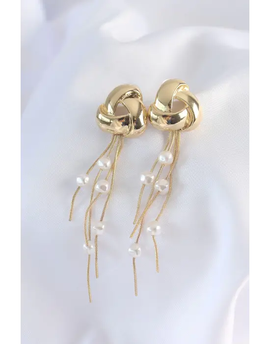  Altın İnci Taşlı Sallantılı Küpe