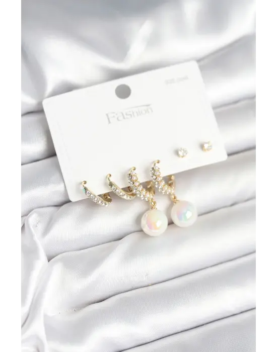 Pirinç Gold Renk İncili 925 Ayar Gümüş Çivi Kadın Küpe Seti