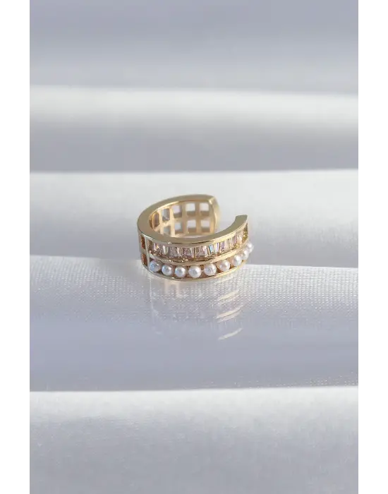  Altın İncili Baget Taşlı Earcuff Küpe