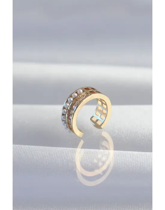  Altın İncili Baget Taşlı Earcuff Küpe