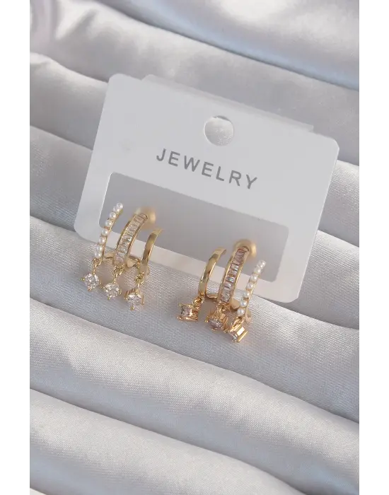  Altın İncili Çoklu Zirkon Taşlı Yarım Halka Küpe