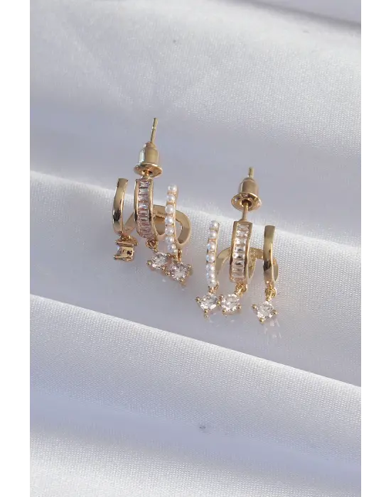  Altın İncili Çoklu Zirkon Taşlı Yarım Halka Küpe