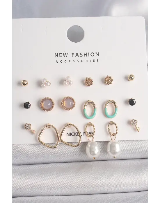  Altın İncili Halka Model 9 Çift Çelik Küpe Seti