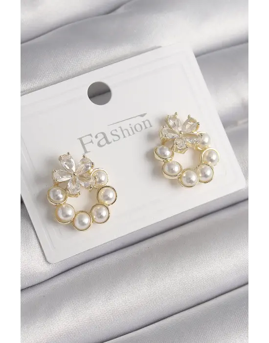 Altın İncili Halka Model Zirkon Taşlı Kelebek Model Çelik Küpe