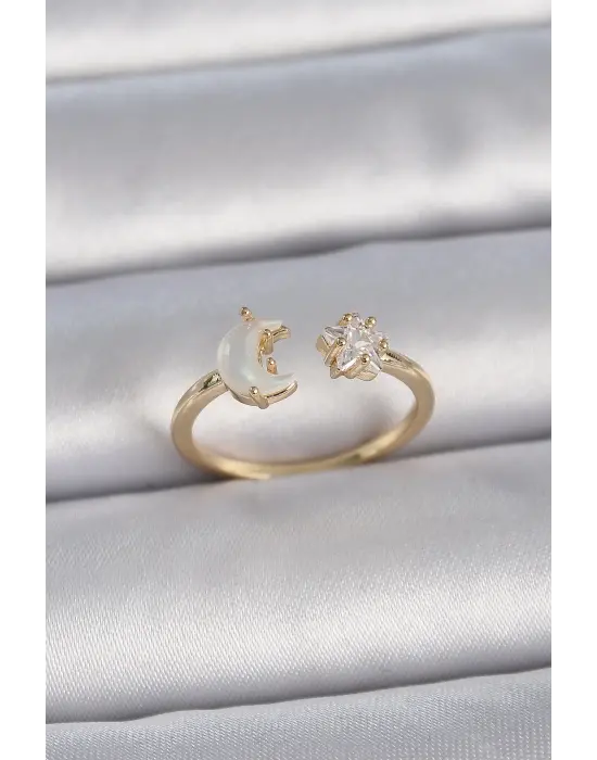  Altın İncili Hilal Zirkon Taşlı Yıldız Ayarlanabilir Model Çelik Yüzük