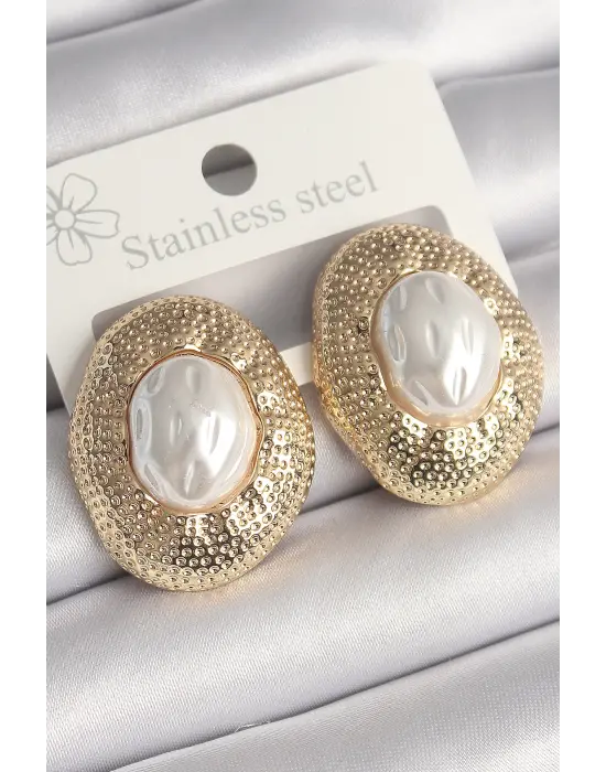  Altın İncili İşlemeli Daire Model Çelik Küpe