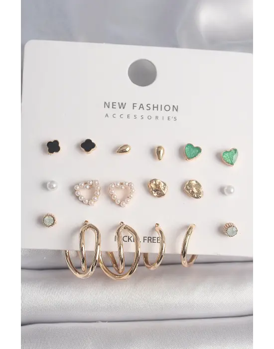  Altın İncili Kalp Halka Model Siyah Yonca Detay 9 Çift Çelik Küpe Seti