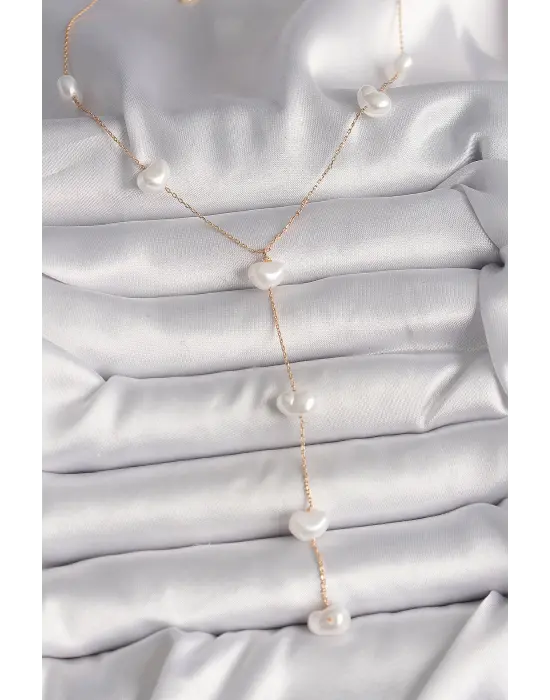 Pirinç Altın İncili Kalp Zincir Çelik Kolye