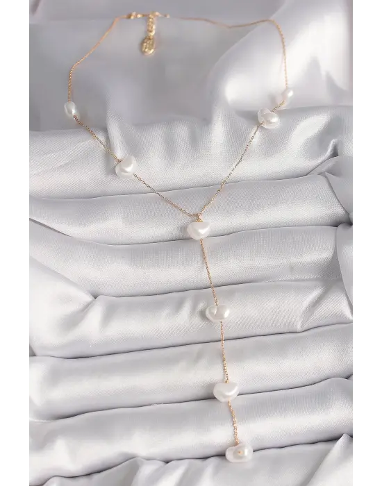 Pirinç Altın İncili Kalp Zincir Çelik Kolye