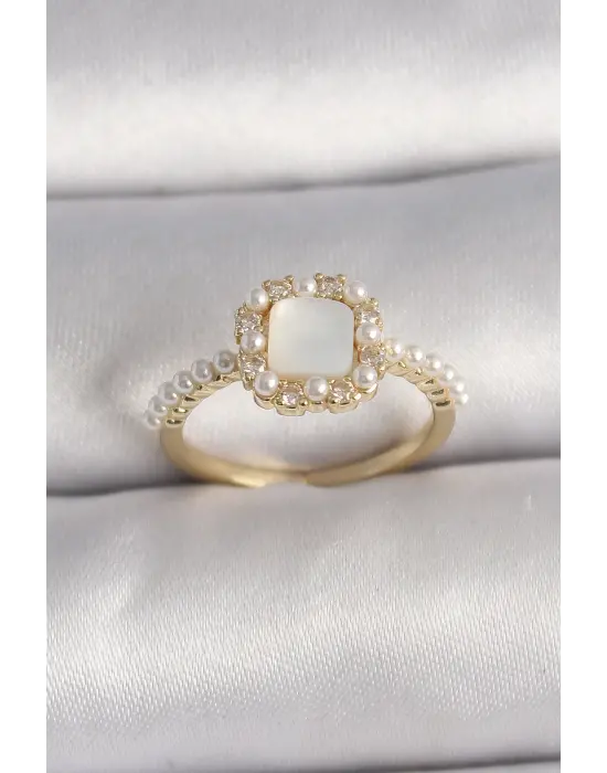  Altın İncili Kare Beyaz Mineli Ayarlanabilir Çelik Yüzük