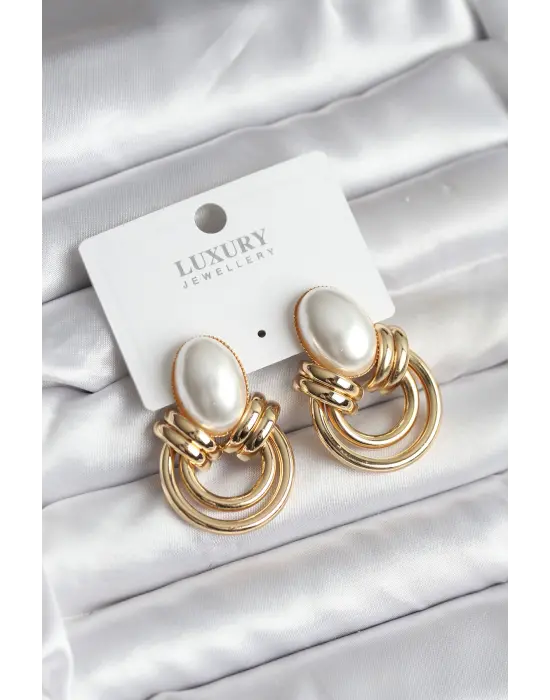 Çelik Gold Renk İncili Vintage Kadın Küpe