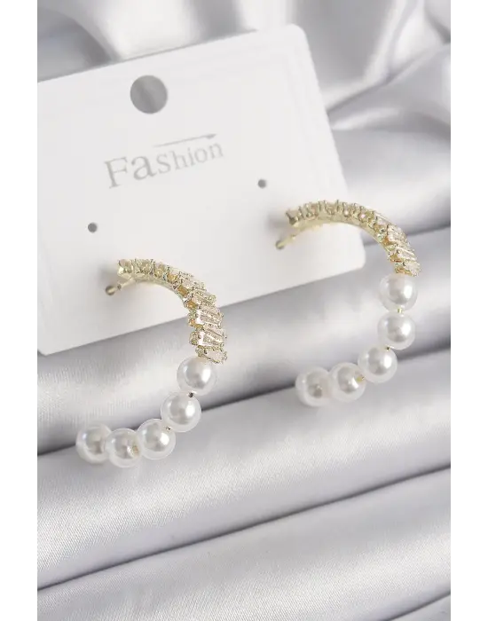  Altın İncili Zirkon Taşlı Halka Model Çelik Küpe