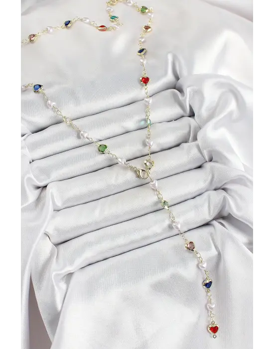 Pirinç Gold Renk İncili Zirkon Taşlı Kalpli Y Kadın Kolye