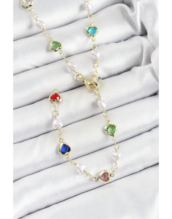 Pirinç Gold Renk İncili Zirkon Taşlı Kalpli Y Kadın Kolye