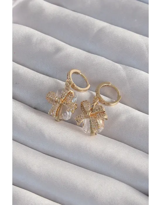  Altın İri Zirkon Taşlı Fiyonk Model Halka Küpe