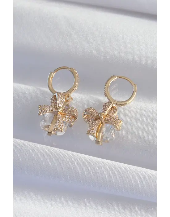  Altın İri Zirkon Taşlı Fiyonk Model Halka Küpe