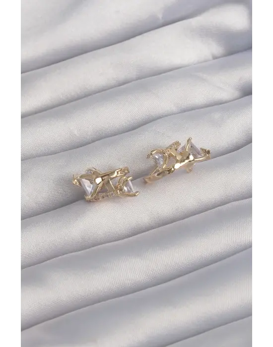  Altın İri Zirkon Taşlı Kıvrımlı Minimal Kelebekli Halka Küpe