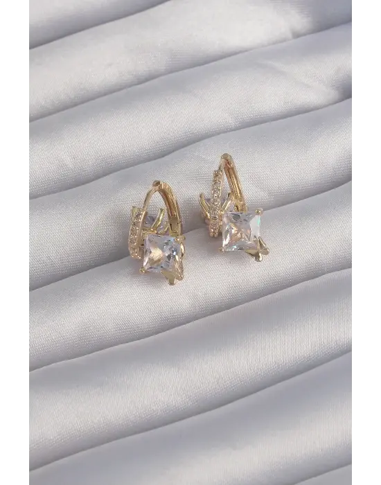  Altın İri Zirkon Taşlı Kıvrımlı Minimal Kelebekli Halka Küpe