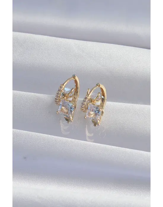  Altın İri Zirkon Taşlı Kıvrımlı Minimal Kelebekli Halka Küpe