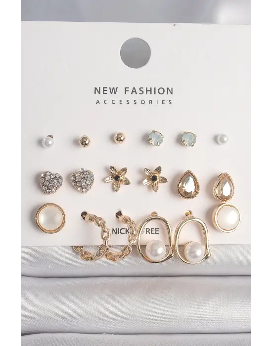  Altın irkon Taşlı Kalp Figür İncili Halka 9 Çift Çelik Küpe Seti