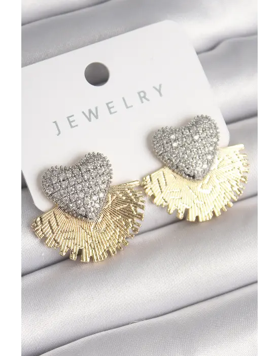  Altın İşleme Detaylı Yelpaze Zirkon Taşlı Kalp Model Çelik Küpe