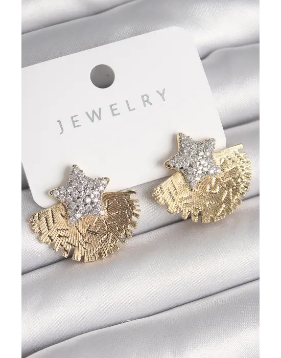  Altın İşleme Detaylı Yelpaze Zirkon Taşlı Yıldız Model Çelik Küpe