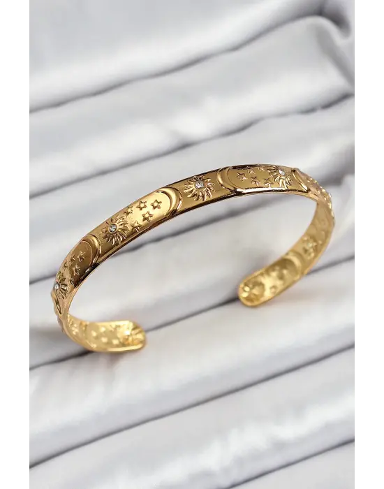 Çelik Gold Renk İşlemeli Altı Açık Bileklik