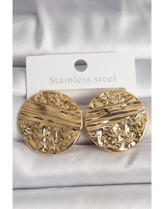  Altın İşlemeli Daire Plaka Model Çelik Küpe