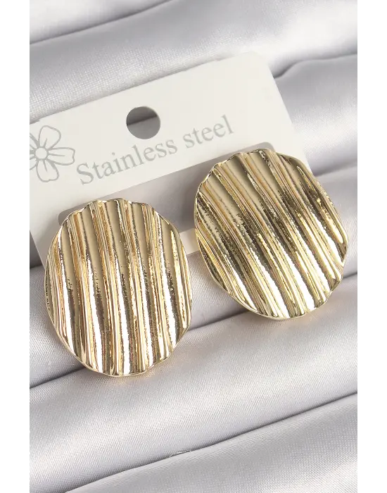  Altın İşlemeli Daire Plaka Model Çelik Küpe