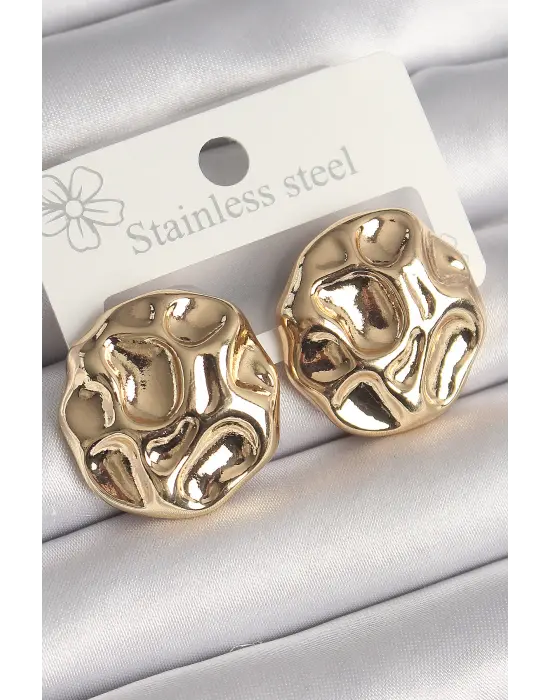  Altın İşlemeli Daire Plaka Model Çelik Küpe