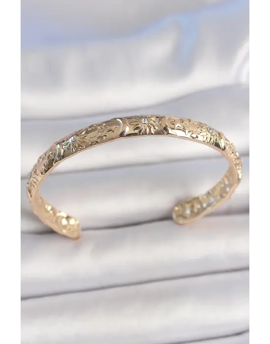 Pirinç Gold Renk İşlemeli Hilal Yıldız İşlemeli Model Zirkon Taş Detaylı Kadın Kelepçe