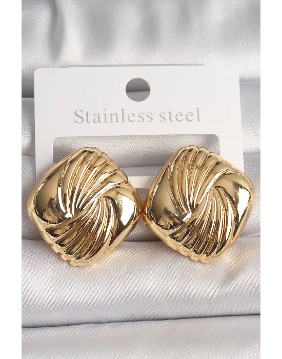  Altın İşlemeli Kare Model Çelik Küpe