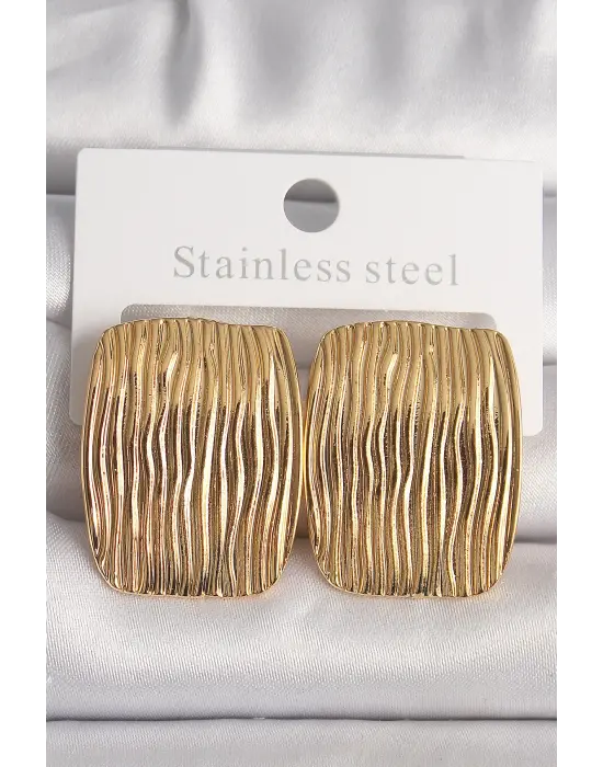  Altın İşlemeli Kare Plaka Model Çelik Küpe