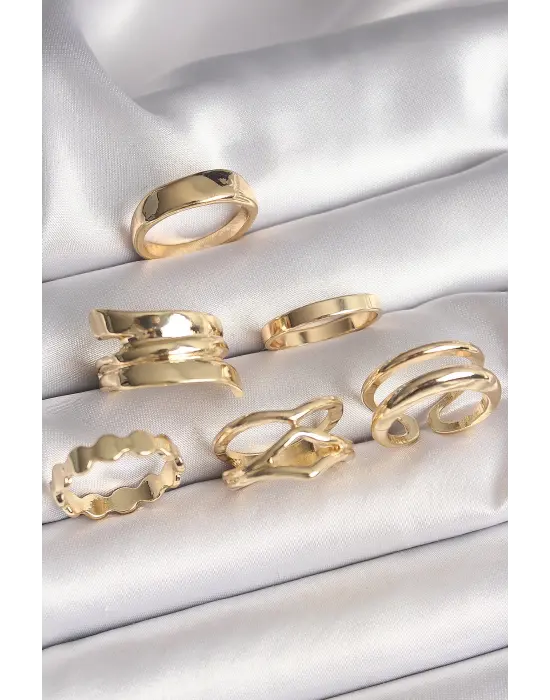  Altın İşlemeli Plaka Model 6Lı Çelik Yüzük Seti