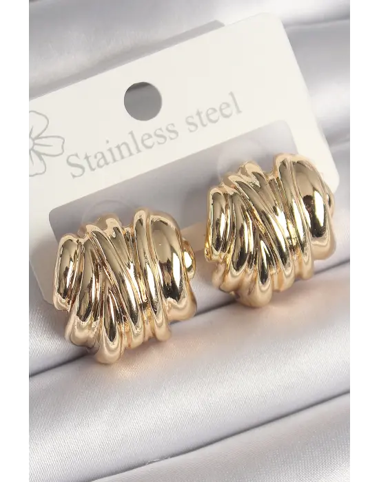  Altın İşlemeli Yarım Halka Model Çelik Küpe