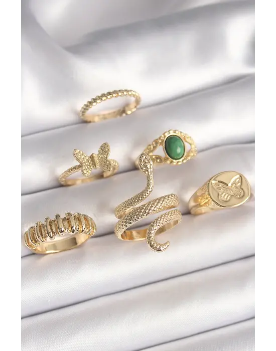  Altın İşlemeli Yılan Figür Kelebek Detay 6Lı Çelik Yüzük Seti