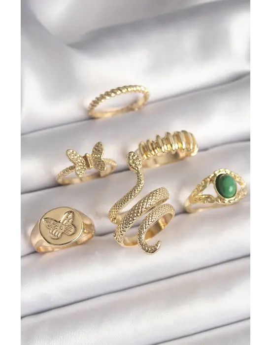  Altın İşlemeli Yılan Model Kelebek Detay 6Lı Çelik Yüzük Seti