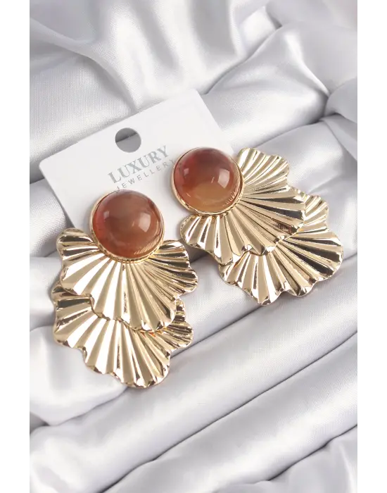  Altın Kahverengi Boncuk Yaprak Model Vintage Çelik Küpe