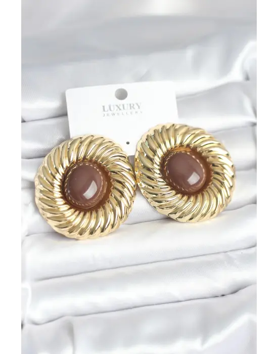 Pirinç Gold Renk Kahverengi Boncuklu Vintage Kadın Küpe