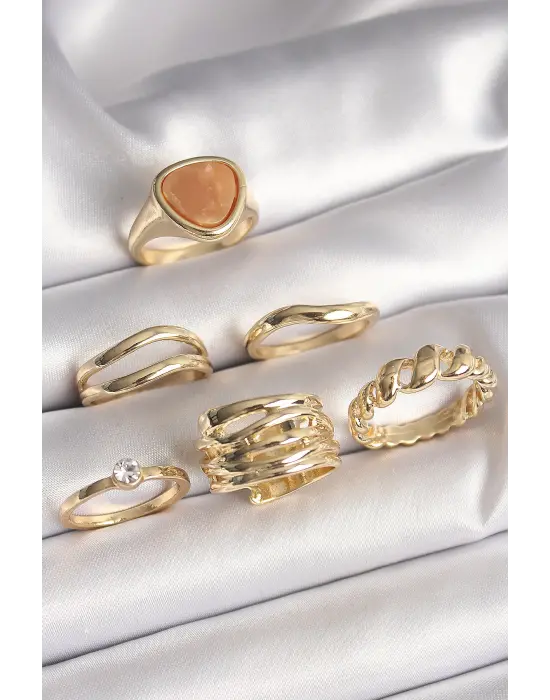  Altın Kahverengi Mineli Zirkon Taş Detaylı Sarmal Model 6Lı Çelik Yüzük Seti